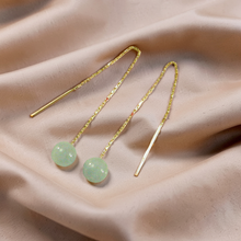 Load image into Gallery viewer, 14k Solid Gold Threader Chain 7mm Gemstone Aquamarine Bead Dangle Earrings