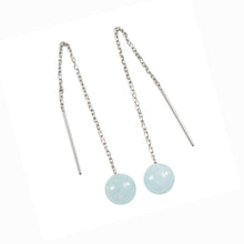 Load image into Gallery viewer, 14k Solid White Gold Threader Chain 7mm Gemstone Aquamarine Bead Dangle Earrings
