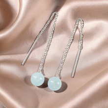 Load image into Gallery viewer, 14k Solid White Gold Threader Chain 7mm Gemstone Aquamarine Bead Dangle Earrings