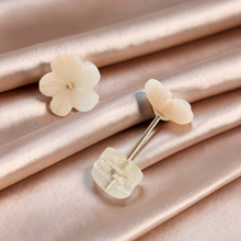 Load image into Gallery viewer, Natural Angel Skin Coral Carved Flower 14K Solid Yellow Gold Stud Earrings