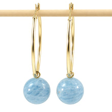 Load image into Gallery viewer, 14kt Solid Yellow Gold 25mm X 1.25mm Hoop Blue Aquamarine Dangle Earrings