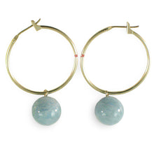 Load image into Gallery viewer, 14kt Solid Yellow Gold 25mm X 1.25mm Hoop Blue Aquamarine Dangle Earrings