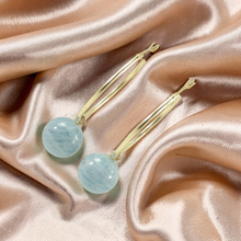 Load image into Gallery viewer, 14kt Solid Yellow Gold 25mm X 1.25mm Hoop Blue Aquamarine Dangle Earrings