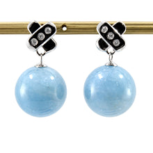 Load image into Gallery viewer, 14k White Gold X Design Diamonds &amp; Aquamarine Dangle Stud Earrings