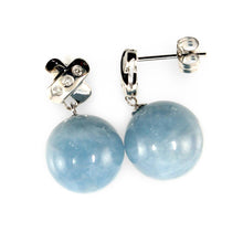 Load image into Gallery viewer, 14k White Gold X Design Diamonds &amp; Aquamarine Dangle Stud Earrings