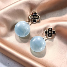 Load image into Gallery viewer, 14k White Gold X Design Diamonds &amp; Aquamarine Dangle Stud Earrings