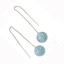 Load image into Gallery viewer, 14k White Gold Threader Chain Gemstone Aquamarine Bead Dangle Earrings