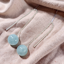 Load image into Gallery viewer, 14k White Gold Threader Chain Gemstone Aquamarine Bead Dangle Earrings