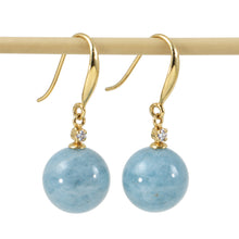 Load image into Gallery viewer, 14k Yellow Gold Sparkling Diamond &amp; 10mm Aquamarine Hook Earrings