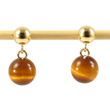 Load image into Gallery viewer, Gemstone Brown Tiger-Eye Dangle Stud Earrings; 14k Yellow Solid Gold