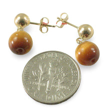 Load image into Gallery viewer, Gemstone Brown Tiger-Eye Dangle Stud Earrings; 14k Yellow Solid Gold