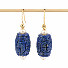 Load image into Gallery viewer, 14kt Solid Yellow Gold Fish Hook Genuine Blue Lapis &amp; Pearl Earrings