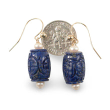 Load image into Gallery viewer, 14kt Solid Yellow Gold Fish Hook Genuine Blue Lapis &amp; Pearl Earrings