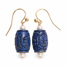 Load image into Gallery viewer, 14kt Solid Yellow Gold Fish Hook Genuine Blue Lapis &amp; Pearl Earrings