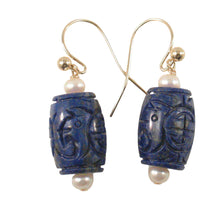 Load image into Gallery viewer, 14kt Solid Yellow Gold Fish Hook Genuine Blue Lapis &amp; Pearl Earrings