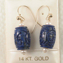 Load image into Gallery viewer, 14kt Solid Yellow Gold Fish Hook Genuine Blue Lapis &amp; Pearl Earrings