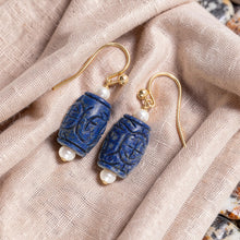 Load image into Gallery viewer, 14kt Solid Yellow Gold Fish Hook Genuine Blue Lapis &amp; Pearl Earrings