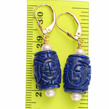 Load image into Gallery viewer, 14kt Solid Yellow Gold Leverback Natural Blue Lapis &amp; Pearl Earrings