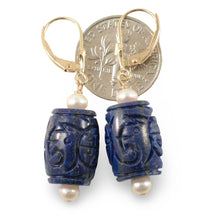 Load image into Gallery viewer, 14kt Solid Yellow Gold Leverback Natural Blue Lapis &amp; Pearl Earrings