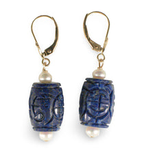 Load image into Gallery viewer, 14kt Solid Yellow Gold Leverback Natural Blue Lapis &amp; Pearl Earrings