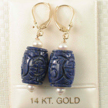Load image into Gallery viewer, 14kt Solid Yellow Gold Leverback Natural Blue Lapis &amp; Pearl Earrings