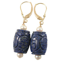 Load image into Gallery viewer, 14kt Solid Yellow Gold Leverback Natural Blue Lapis &amp; Pearl Earrings