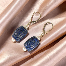 Load image into Gallery viewer, 14kt Solid Yellow Gold Leverback Natural Blue Lapis &amp; Pearl Earrings