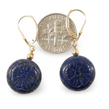 Load image into Gallery viewer, 14kt Solid Yellow Gold Leverback Natural Gemstone Blue Lapis Earrings