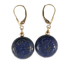 Load image into Gallery viewer, 14kt Solid Yellow Gold Leverback Natural Gemstone Blue Lapis Earrings