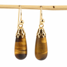 Load image into Gallery viewer, 14kt Yellow Gold Fish Hook Gold Ball &amp; Cups Brown Tiger-Eye Dangle Earrings