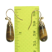 Load image into Gallery viewer, 14kt Yellow Gold Fish Hook Gold Ball &amp; Cups Brown Tiger-Eye Dangle Earrings