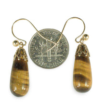 Load image into Gallery viewer, 14kt Yellow Gold Fish Hook Gold Ball &amp; Cups Brown Tiger-Eye Dangle Earrings