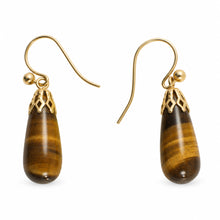Load image into Gallery viewer, 14kt Yellow Gold Fish Hook Gold Ball &amp; Cups Brown Tiger-Eye Dangle Earrings