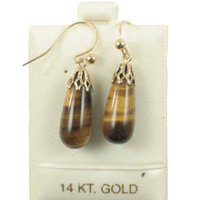 Load image into Gallery viewer, 14kt Yellow Gold Fish Hook Gold Ball &amp; Cups Brown Tiger-Eye Dangle Earrings