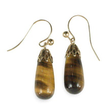 Load image into Gallery viewer, 14kt Yellow Gold Fish Hook Gold Ball &amp; Cups Brown Tiger-Eye Dangle Earrings