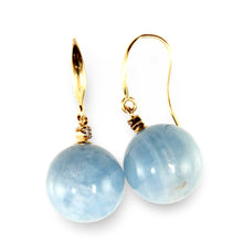 Load image into Gallery viewer, 14kt Solid Yellow Gold Diamond Genuine Aquamarine Hook Earrings