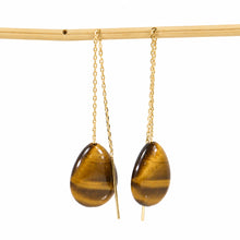 Load image into Gallery viewer, 14k Yellow Gold Threader Chain Raindrop Brown Tiger Eye Dangle Earrings