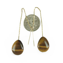 Load image into Gallery viewer, 14k Yellow Gold Threader Chain Raindrop Brown Tiger Eye Dangle Earrings