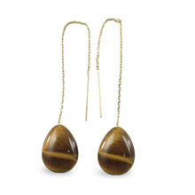 Load image into Gallery viewer, 14k Yellow Gold Threader Chain Raindrop Brown Tiger Eye Dangle Earrings