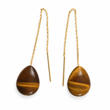 Load image into Gallery viewer, 14k Yellow Gold Threader Chain Raindrop Brown Tiger Eye Dangle Earrings