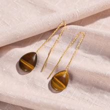 Load image into Gallery viewer, 14k Yellow Gold Threader Chain Raindrop Brown Tiger Eye Dangle Earrings