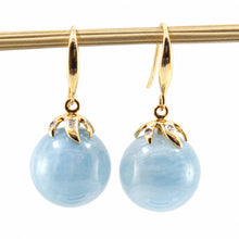 Load image into Gallery viewer, Real 14k Yellow Gold Genuine Diamonds &amp; Aquamarine Dangle Earrings