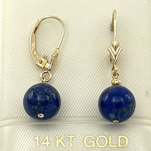 1310022 BLUE LAPIS LAZULI BEAD 14K YELLOW GOLD LEVERBACK DANGLE EARRINGS