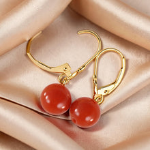 Load image into Gallery viewer, 14kt Yellow Solid Gold Leverback 8-8.5mm Carnelian Bead Dangle Earrings