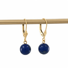 Load image into Gallery viewer, 14kt Yellow Solid Gold Leverback 8mm Blue Lapis Lazuli Drop / Dangle Earrings