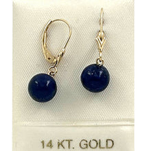 Load image into Gallery viewer, 14kt Yellow Solid Gold Leverback 8mm Blue Lapis Lazuli Drop / Dangle Earrings