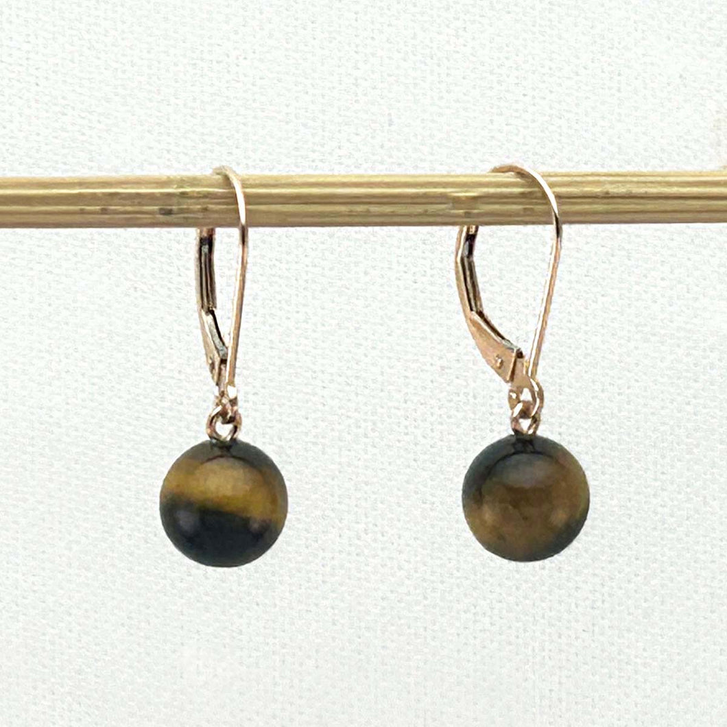 14kt Rose Solid Gold Leverback 8-8.5mm Tiger-Eye Bead Dangle Earrings