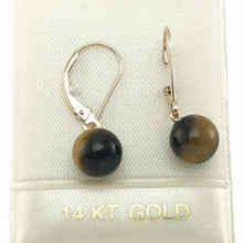 Load image into Gallery viewer, 14kt Rose Solid Gold Leverback 8-8.5mm Tiger-Eye Bead Dangle Earrings