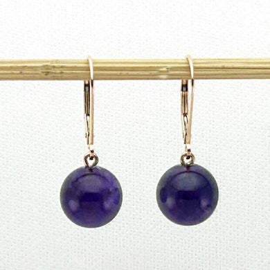 14kt Rose Solid Gold Leverback 10mm Purple Amethyst Bead Dangle Earrings