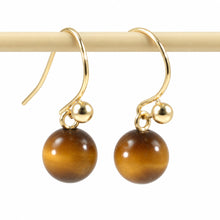 Load image into Gallery viewer, Dangle Stud Earrings Brown Tiger's Eye 14k Yellow Gold Fish Hook Gold Ball